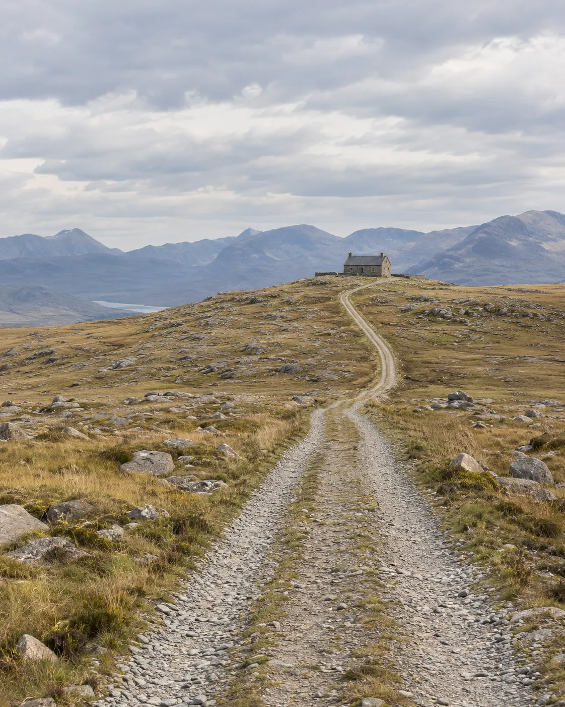 Un camino de ripio cruza el campo abierto hasta una casa de piedra sola en la cima de una loma.